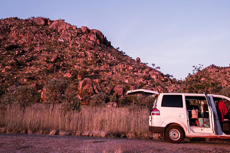 aventus campervan parked by an outback road